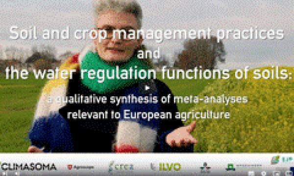screenshot waterexperte sarah garre op veld + titel "soil and crop management practices and the water regulation functions of soils - qualitative synthesis of meta-analyses relevant to european agriculture"