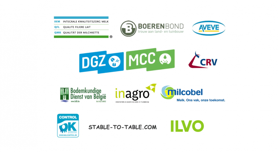 Logo’s van ILVO, IKM, Boerenbond, AVEVE, Bodemkundige Dienst van België, Inagro, Milcobel, DGZ MCC, CRV, stable-to-table.be, www.milkcontrol.be