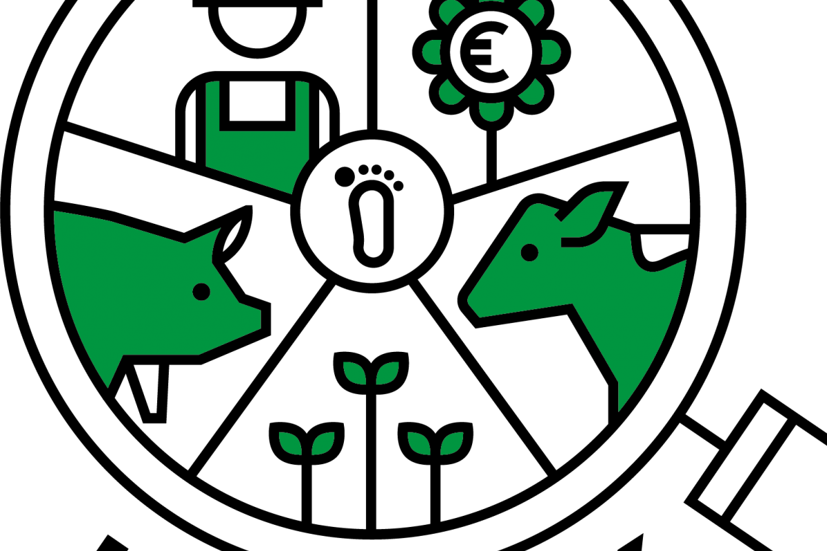 Logo for KLIMREK - cow, pig, farmer, plants within a magnifying glass