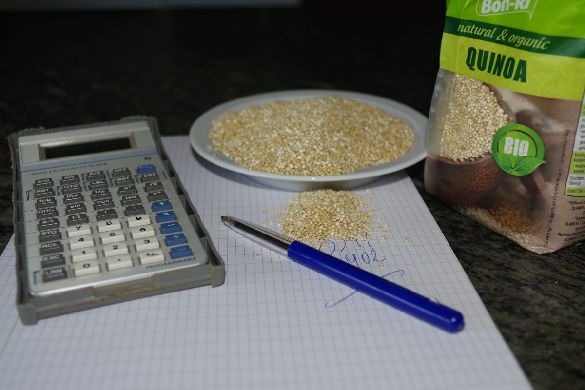 rekenmachine, ruitjespapier, berekening van rendabiliteit quinoa, bord en zak met quinoa