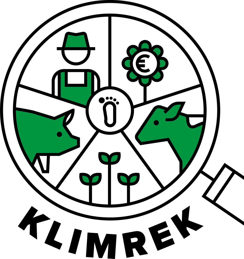 Logo for KLIMREK - cow, pig, farmer, plants within a magnifying glass