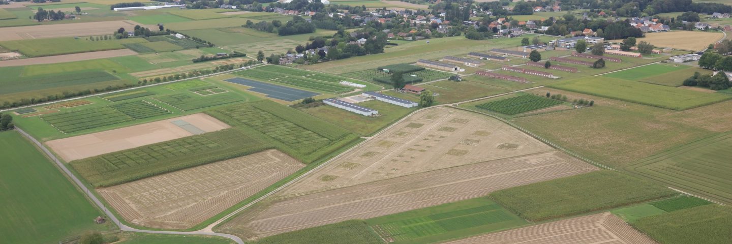 luchtfoto van de ILVO onderzoekskouter met verschillende velden