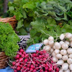 marktkraam met radijzen en andere groenten