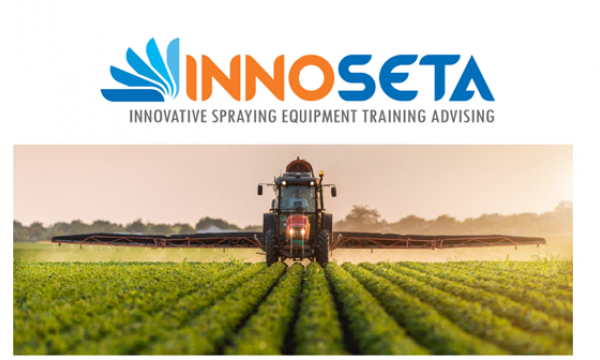 Innoseta logo with tractor spraying a crop underneath the logo
