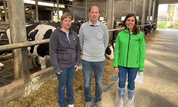 boer Jan van den Keybus, zijn echtgenote en ILVO-onderzoeker Ann-Sophie Sacré in de stal van Jan
