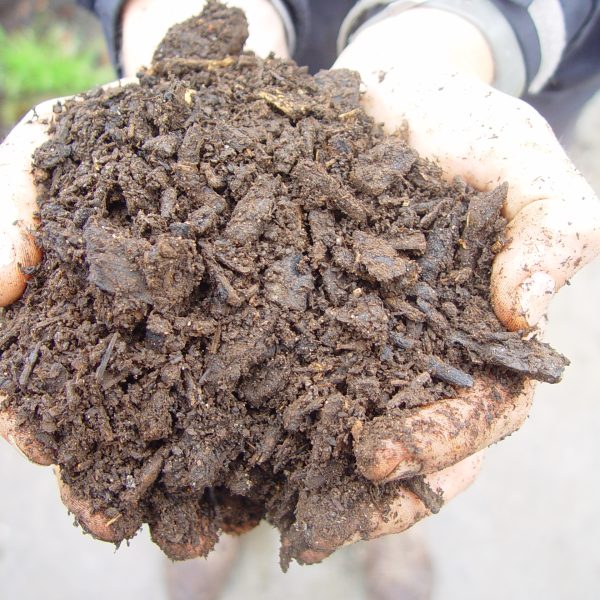 Two hands showing soil with chunks of organic material in it