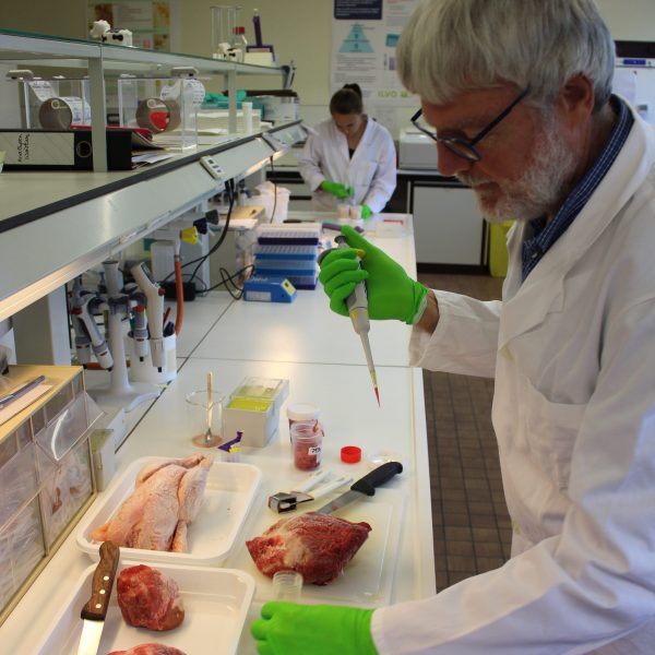 Wim Reybroeck in labojas in zijn labo voor opsporing van residu's van diergeneeskundige middelen in dierlijke producten. Hij neemt een staal van een stuk vlees.
