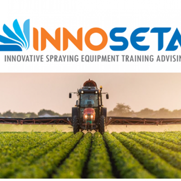 Innoseta logo with tractor spraying a crop underneath the logo