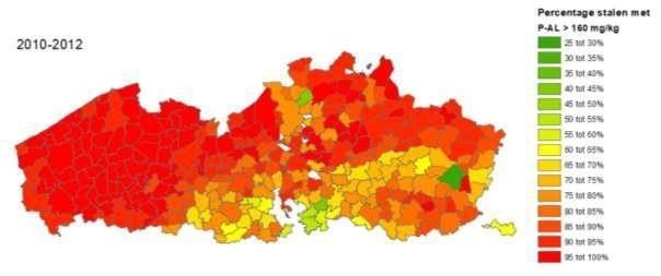 Kaart Vlaanderen met percentage stalen per gemeente met een P-AL-gehalte > 160 mg/kg op basis van de standaardgrondanalyse. Merendeel Vlaanderen heeft 95 tot 100% van de stalen met P-AL-gehalte > 160 mg/kg