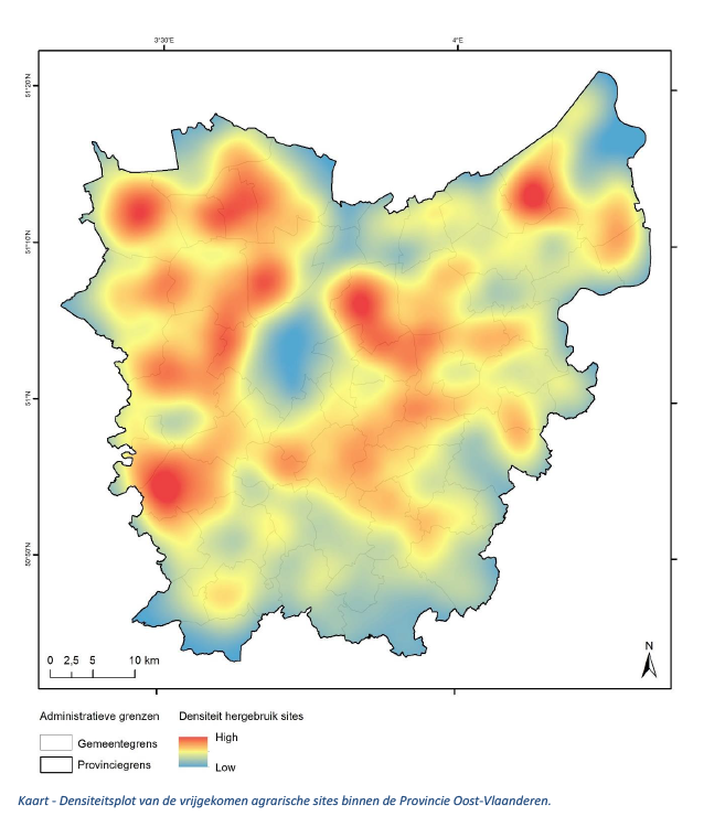Kaart van Oost-Vlaanderen met densiteitsplot met hergebruik van agrarische sites