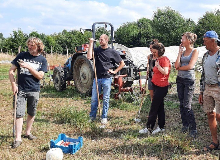 Several people with farm tools in a farm environment