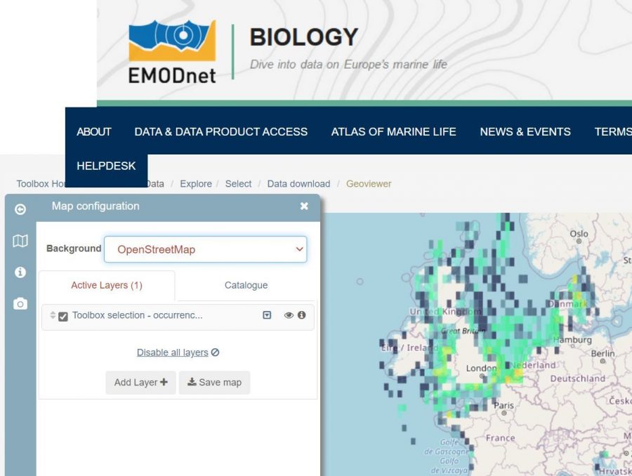 screenshot van het EMODNET portaal voor biologie