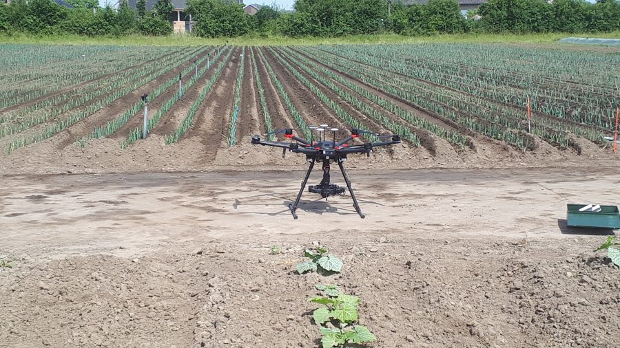Drone in front of leek field copyright ILVO