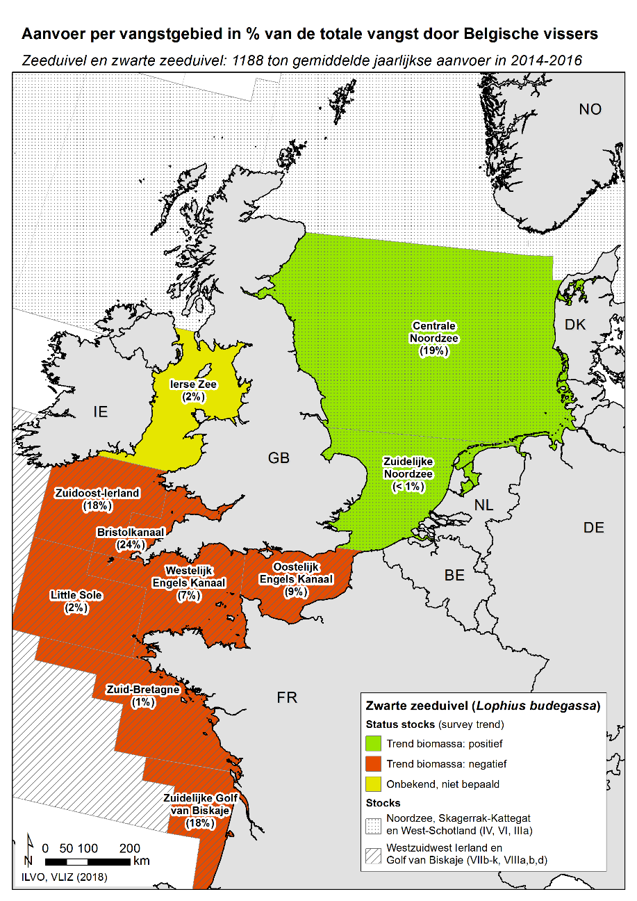Status zwarte zeeduivel Belgische Visserij 2014-2016, kaart West-Europa