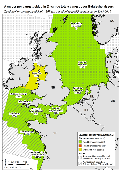 Status zwarte zeeduivel Belgische visserij 2013-2015, kaart West-Europa